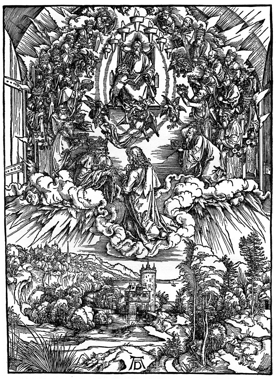 Scéna z Apokalypsy, Svatý Jan před Bohem Otcem a čtyřiadvaceti staršími, 1498, 1936. od Albrecht Dürer