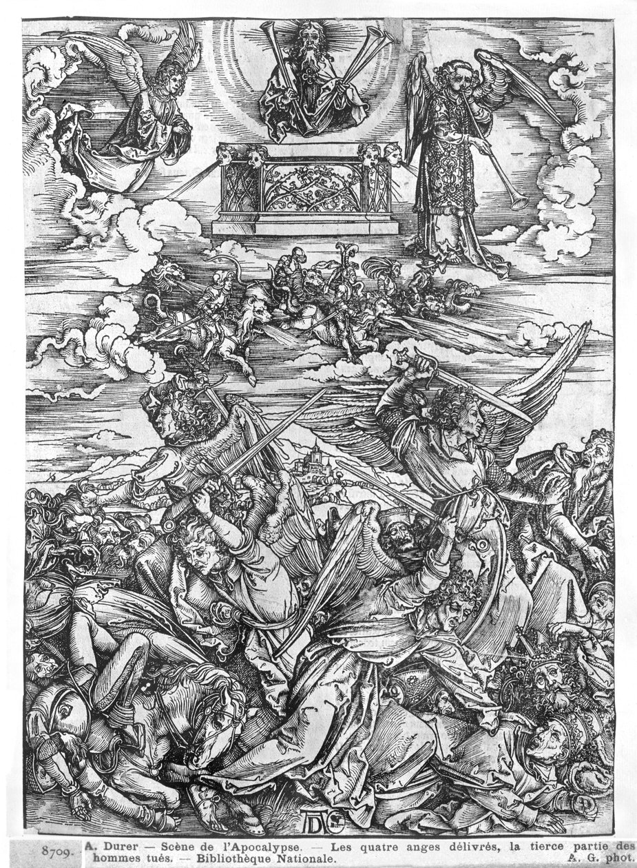 Scéna z Apokalypsy, Čtyři pomstychtiví andělé, latinské vydání, 1511 od Albrecht Dürer