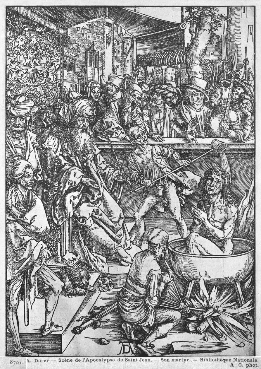 Scéna z Apokalypsy, Umučení sv. Jana Evangelisty, latinské vydání, 1511 od Albrecht Dürer