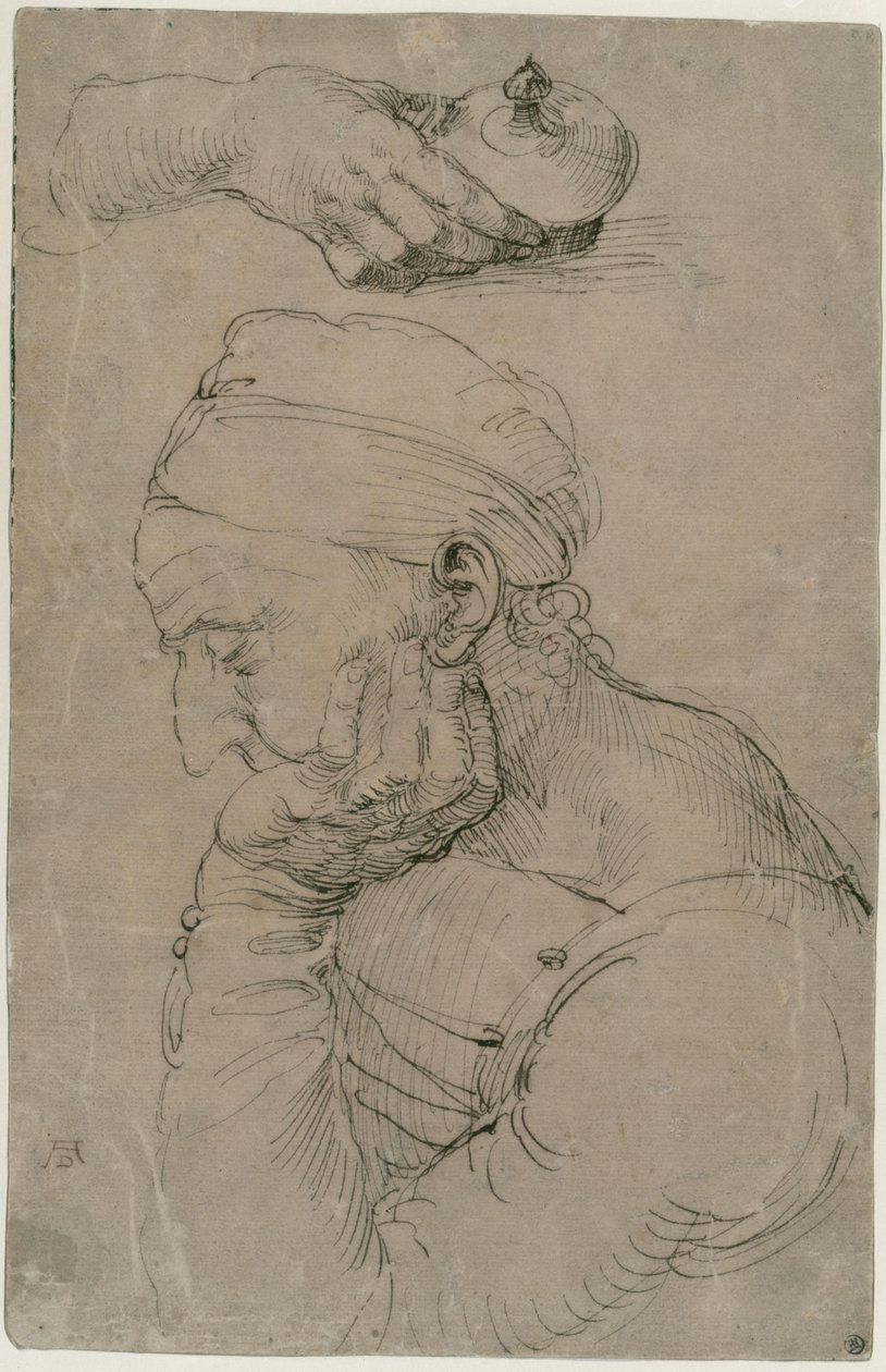 Spící muž a studie ruky s nádobou na mast od Albrecht Dürer
