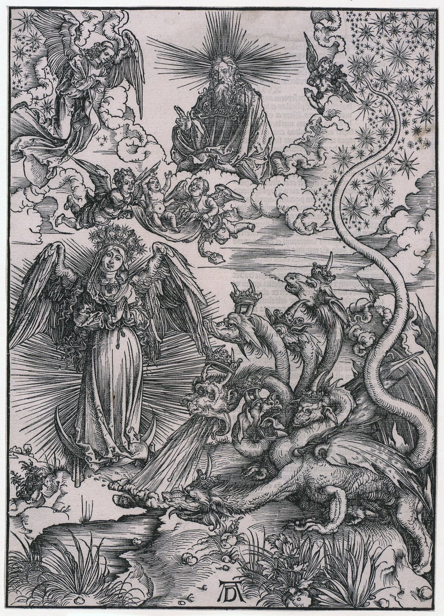 Sluneční žena a sedmihlavý drak, IX. postava, list 11 ze série „Apokalypsa“ od Albrecht Dürer