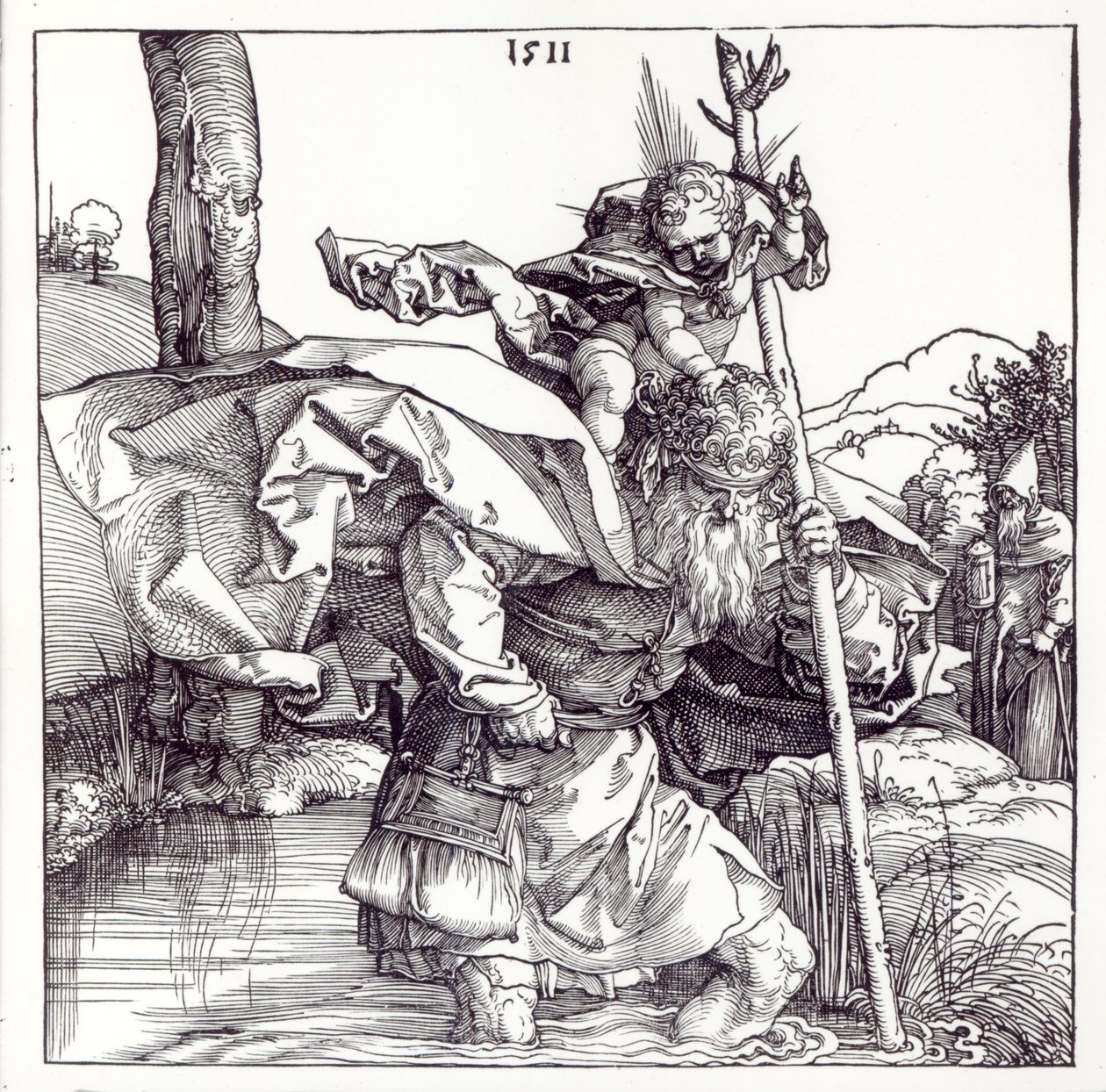 Sv. Kryštof nesoucí Jezulátko, 1511 (dřevořez) (černobílá fotografie) od Albrecht Dürer