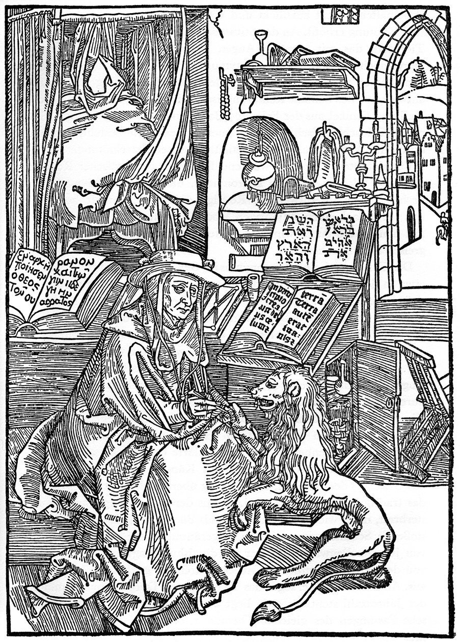 Svatý Jeroným ve své pracovně vytahující trn ze lví tlapy, 1492, 1936 od Albrecht Dürer