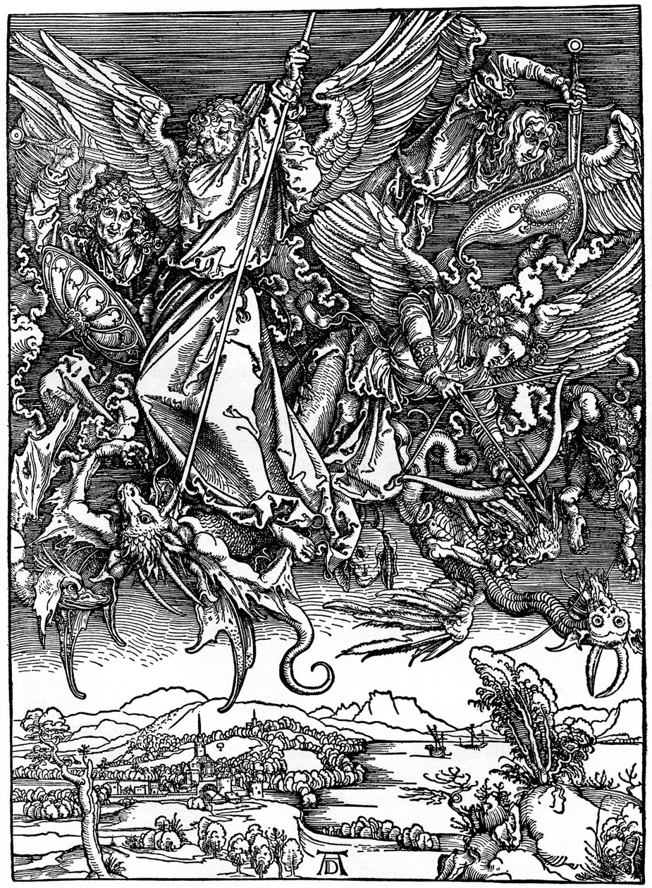Svatý Michael bojuje s drakem, 1498, 1936 od Albrecht Dürer