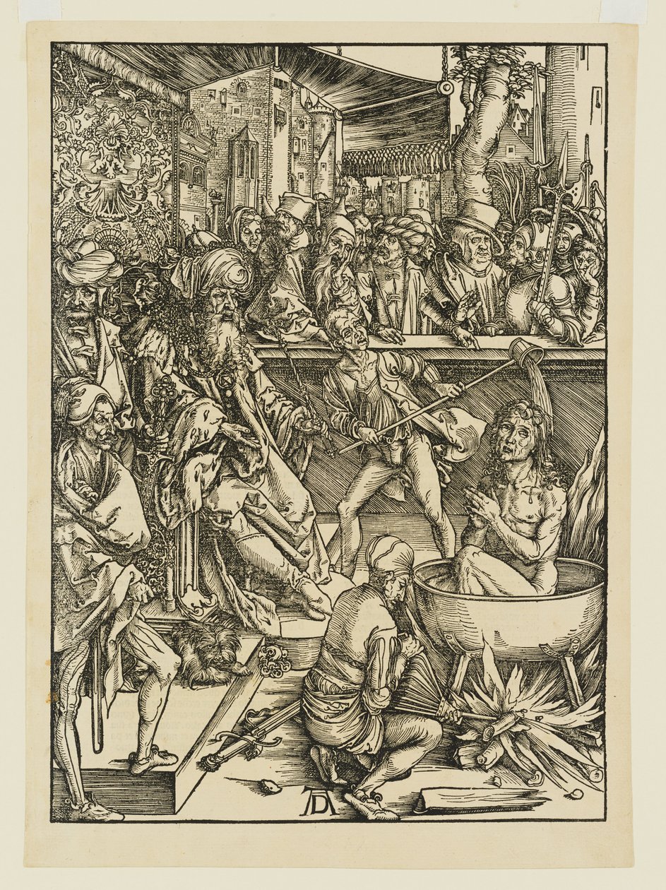 Pokus o mučednictví svatého Jana v kotli s vroucím olejem za Domitiana od Albrecht Dürer
