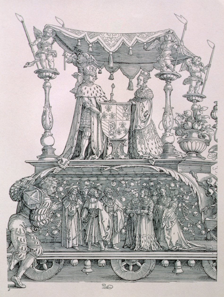 Burgundská svatba aneb Triumfální procesí císaře Maxmiliána I. Německého (1459-1519) zobrazující svatební vůz Maxmiliána a Marie Burgundské (1458-82), hospoda. 1526 (detail od Albrecht Dürer
