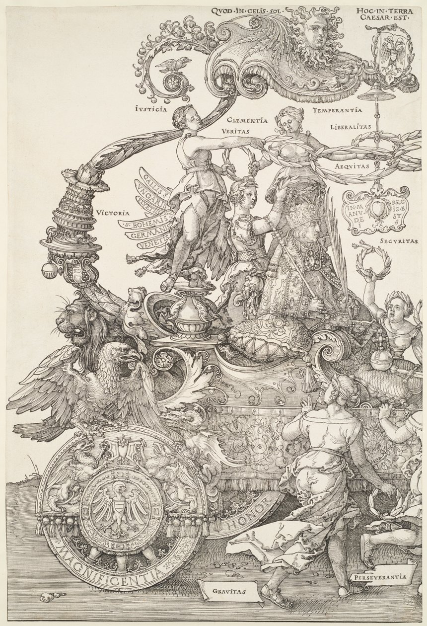 Velký triumfální vůz: levá část vozu s císařem korunovaným Vítězstvím od Albrecht Dürer
