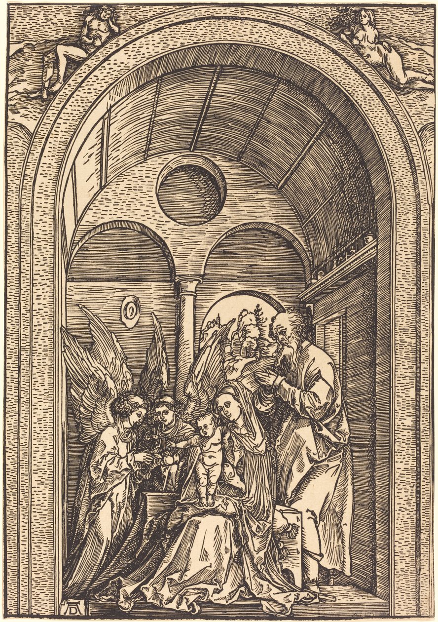 Svatá rodina se dvěma anděly v klenuté síni od Albrecht Dürer