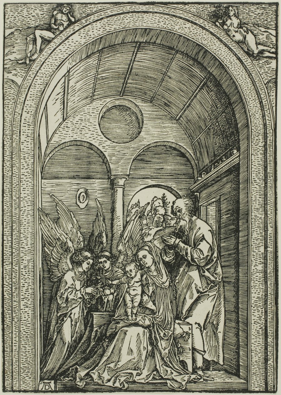 Svatá rodina se dvěma anděly v klenutém sále od Albrecht Dürer