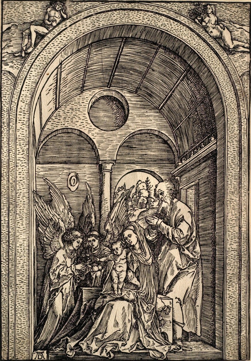Svatá rodina se dvěma anděly v klenutém sále od Albrecht Dürer