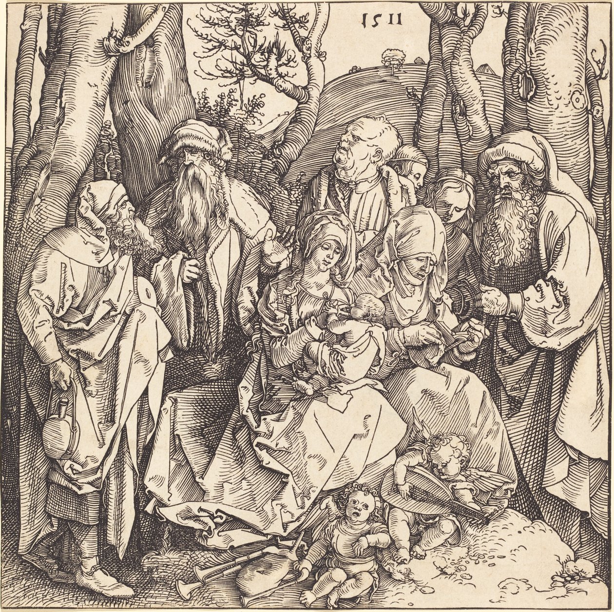 Svatá rodina se dvěma hudebními anděly od Albrecht Dürer
