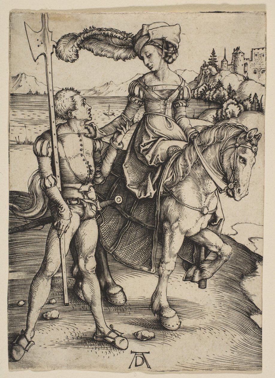 Dáma na koni a Lansquenet, ca. 1497. od Albrecht Dürer