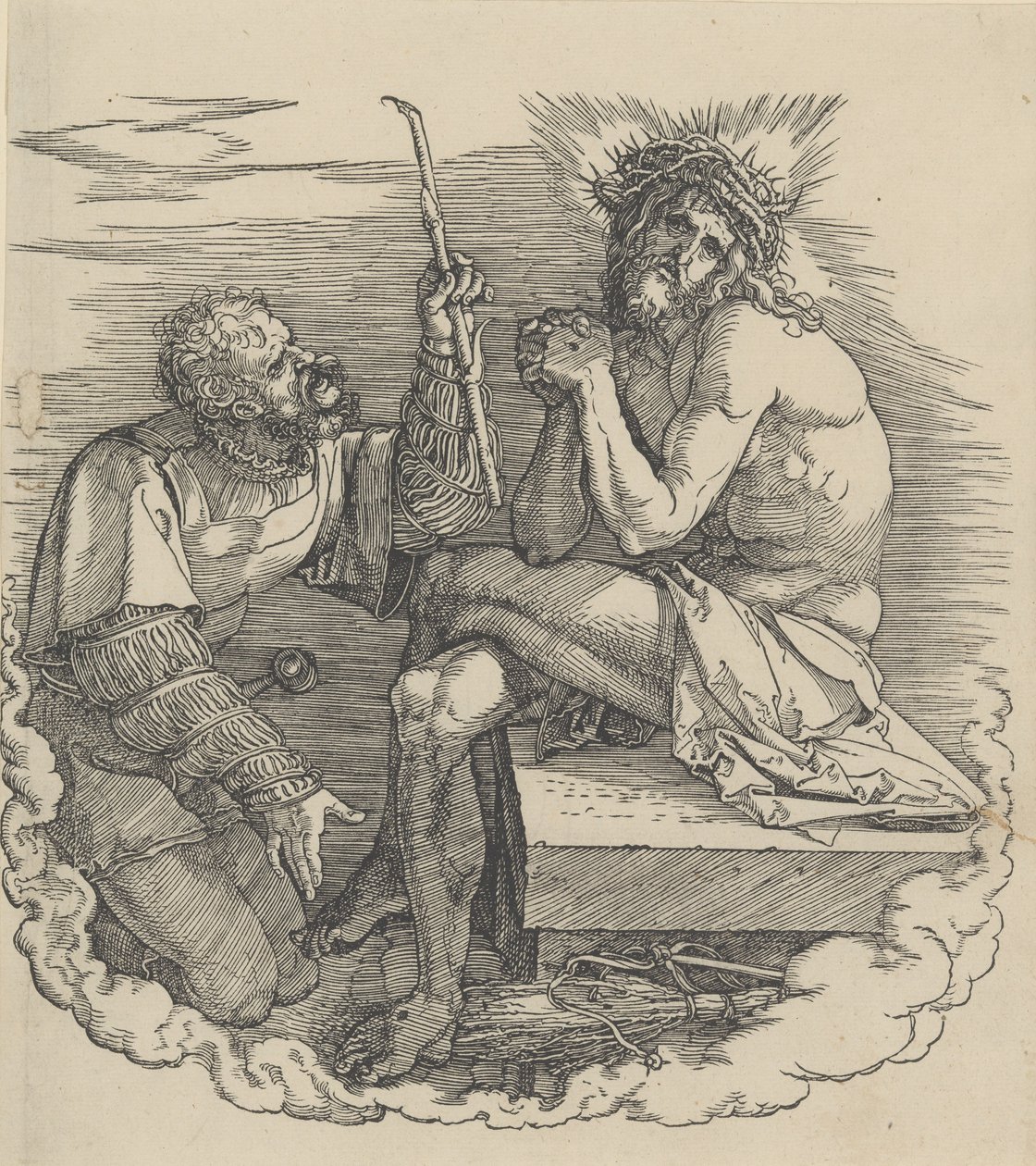 Muž smutku zesměšněný vojákem, Frontispis k Velké vášni, n. d., n. d.. od Albrecht Dürer