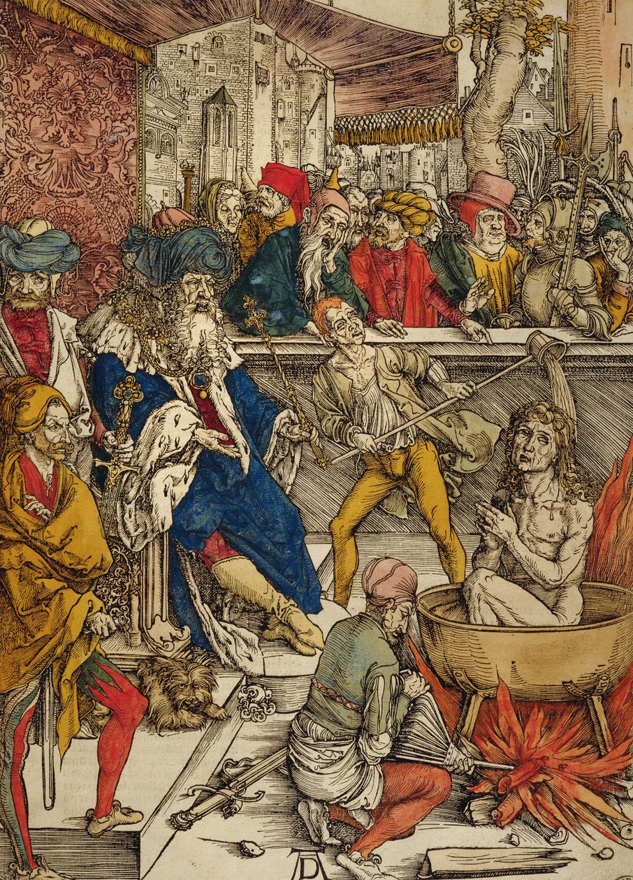 Umučení sv. Jana, 1498 (barevný dřevoryt) od Albrecht Dürer