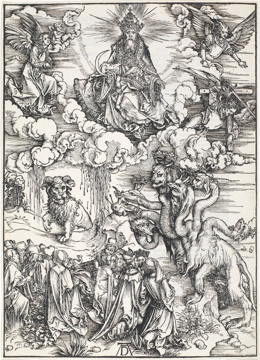 Sedmihlavá šelma a šelma s jehněčími rohy, z Apokalypsy sv. Jana, 1496-98 od Albrecht Dürer