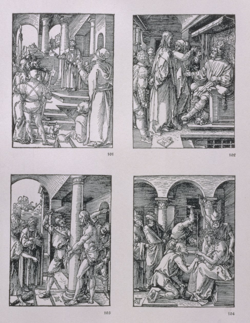Série „Malé pašije“ (ve směru hodinových ručiček): Kristus před Pilátem; Kristus před Herodem; bičování; Korunování trním, hospoda. 1511 od Albrecht Dürer