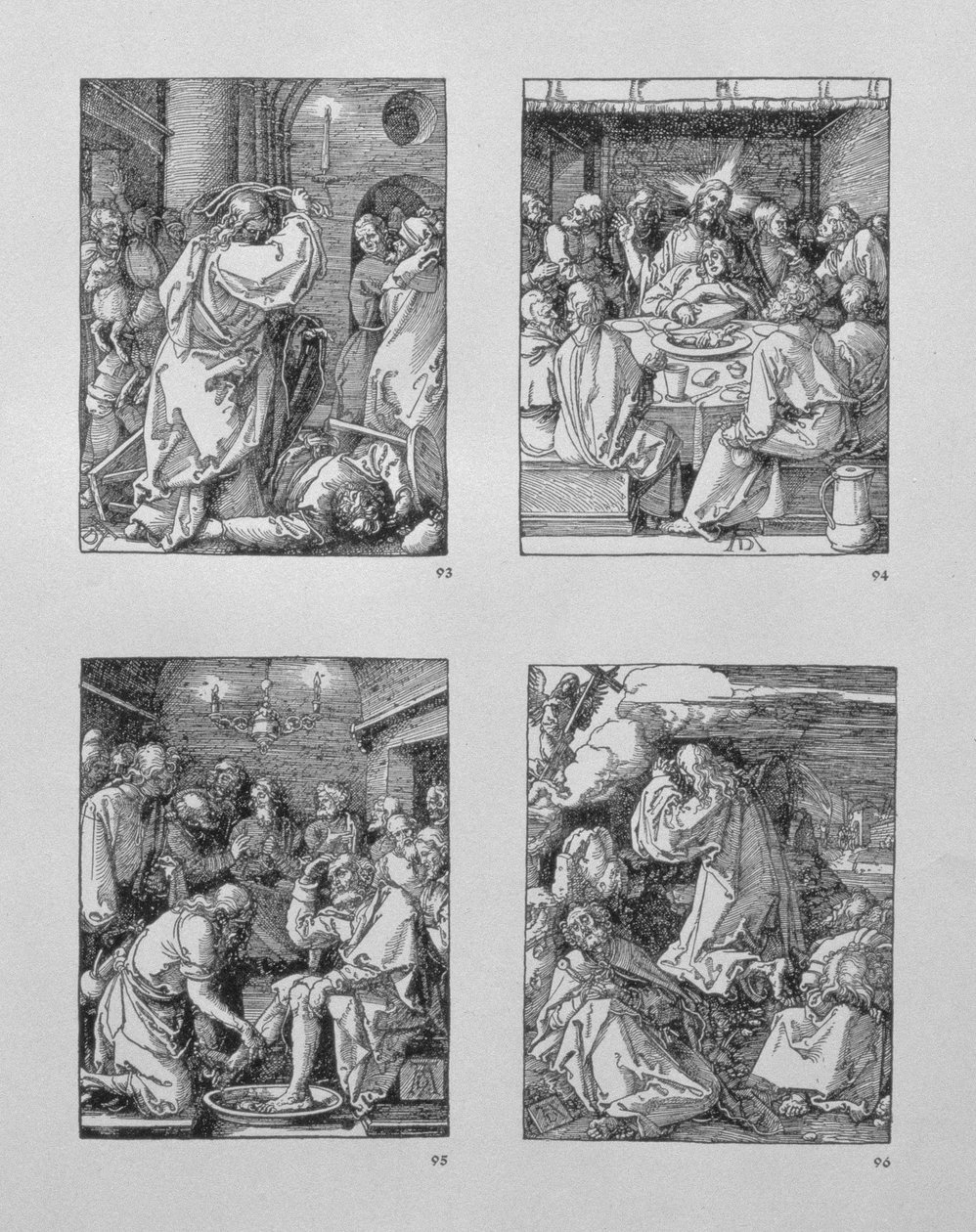 Série "Malá vášeň": (ve směru hodinových ručiček) Kristus vyhání směnárníky z chrámu; Poslední večeře; Kristus umývá Petrovi nohy; Agónie v zahradě, pub.1511). od Albrecht Dürer