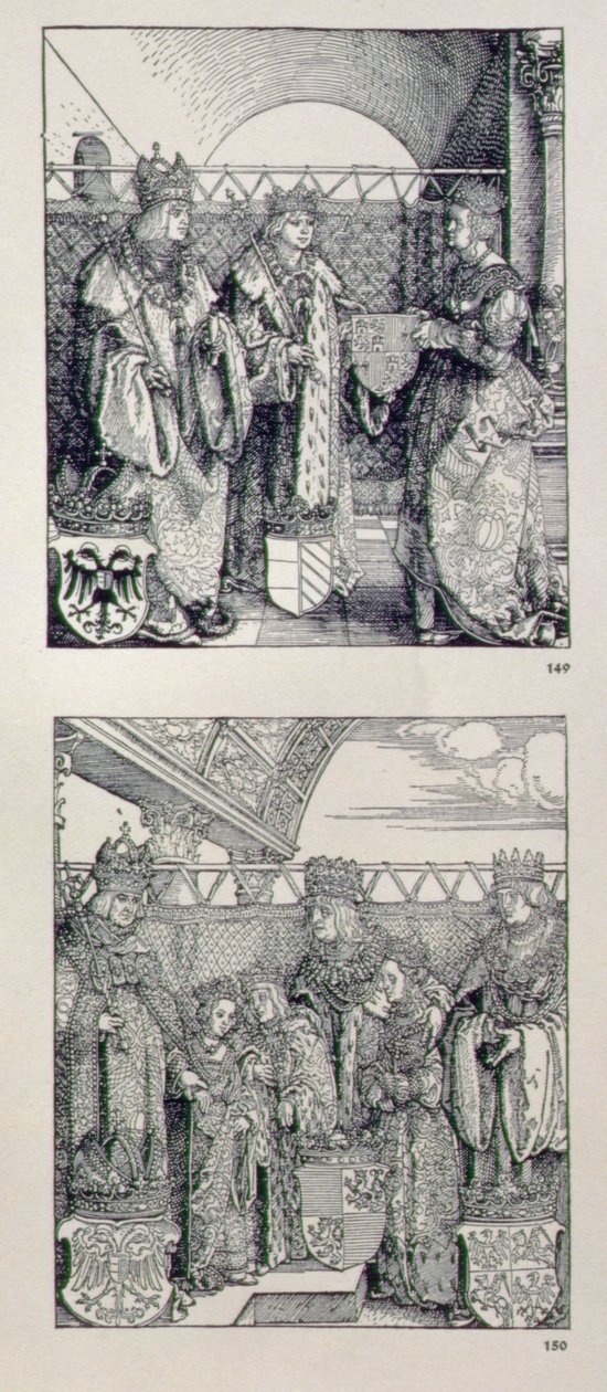 Vítězný oblouk císaře Maxmiliána I. (1459-1519): detail dvou panelů umístěných nad levým portálem zachycujících události ze života císaře Maxmiliána, hospoda. 151728 od Albrecht Dürer