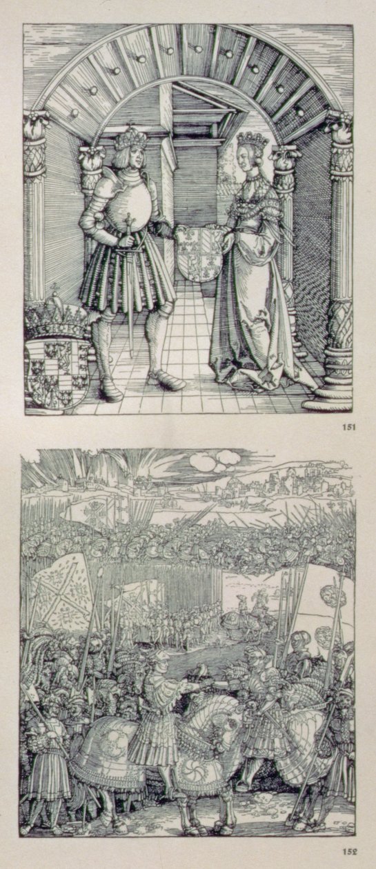 Vítězný oblouk německého císaře Maxmiliána I. (1459-1519): detail dvou panelů umístěných nad levým portálem, které zobrazují (nahoře) Maxmiliána I. a jeho první manželku Marii Burgundskou (1457-82). od Albrecht Dürer