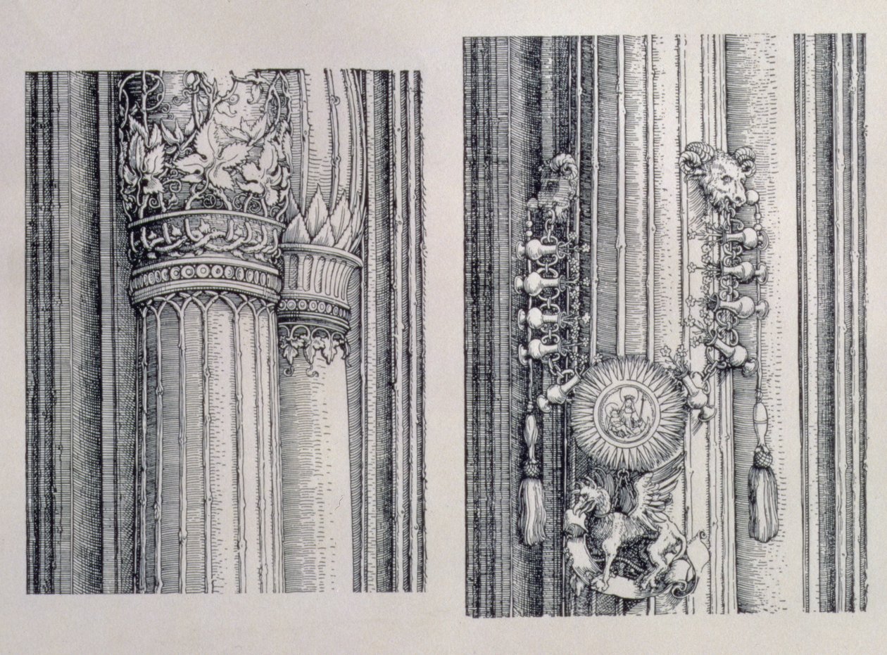 Triumfální oblouk německého císaře Maxmiliána I. (1459-1519): dva detaily centrální brány cti a moci zobrazující levý sloup a hlavici, datováno 1515, hospoda. 151718 (wo od Albrecht Dürer