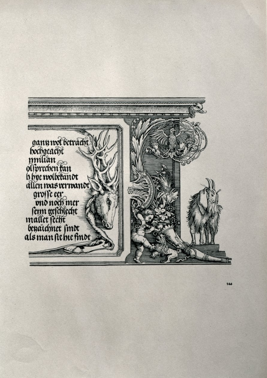Vítězný oblouk německého císaře Maxmiliána I. 1459-1519: detail jelení kůže s nápisem oslavujícím císařovy rodinné vazby, s kozlem s klapkami na uších, symbolem bystrosti ducha. od Albrecht Dürer