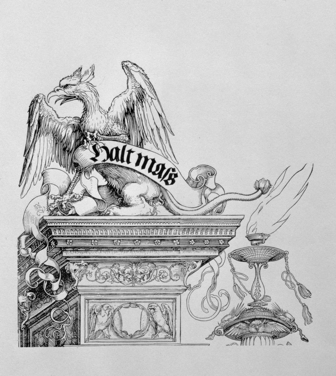 Triumfální oblouk německého císaře Maxmiliána I. 1459-1519: detail okřídleného gryfa držícího svitek, hospoda. 151718 dřevoryt od Albrecht Dürer