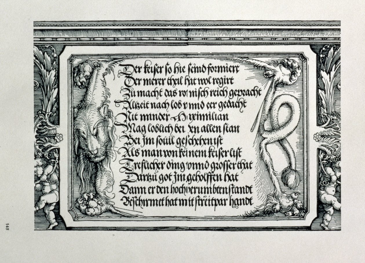 Triumfální oblouk německého císaře Maxmiliána I. 1459-1519: detail dekorativního schématu zobrazující lví kůži s nápisem chválícím rodinné vazby císařů, hospoda. 151718 dřevoryt od Albrecht Dürer