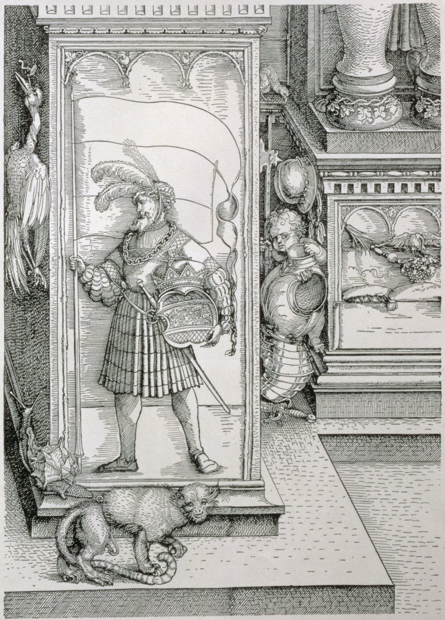 Vítězný oblouk německého císaře Maxmiliána I. 1459-1519: detail podstavce portálového sloupu s vyřezávaným reliéfem mužské postavy nesoucí standartu a korunovaný erb, pub. 151718 dřevo od Albrecht Dürer