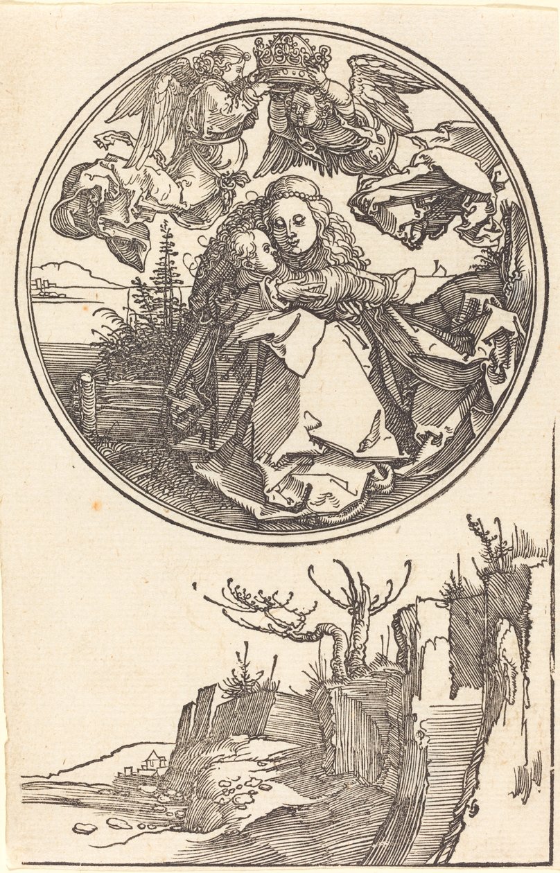Panna korunovaná dvěma anděly nad krajinou v roce 1515 nebo dříve. od Albrecht Dürer