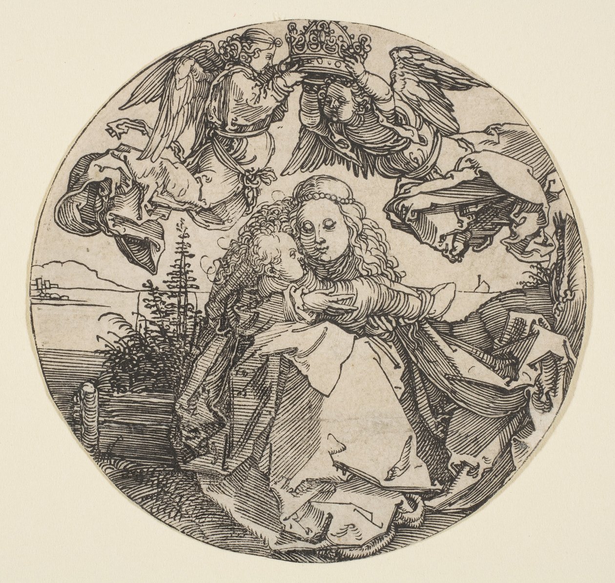 Panna a dítě korunované dvěma anděly nad krajinnou krajinou oříznutou, ca. 1504. od Albrecht Dürer