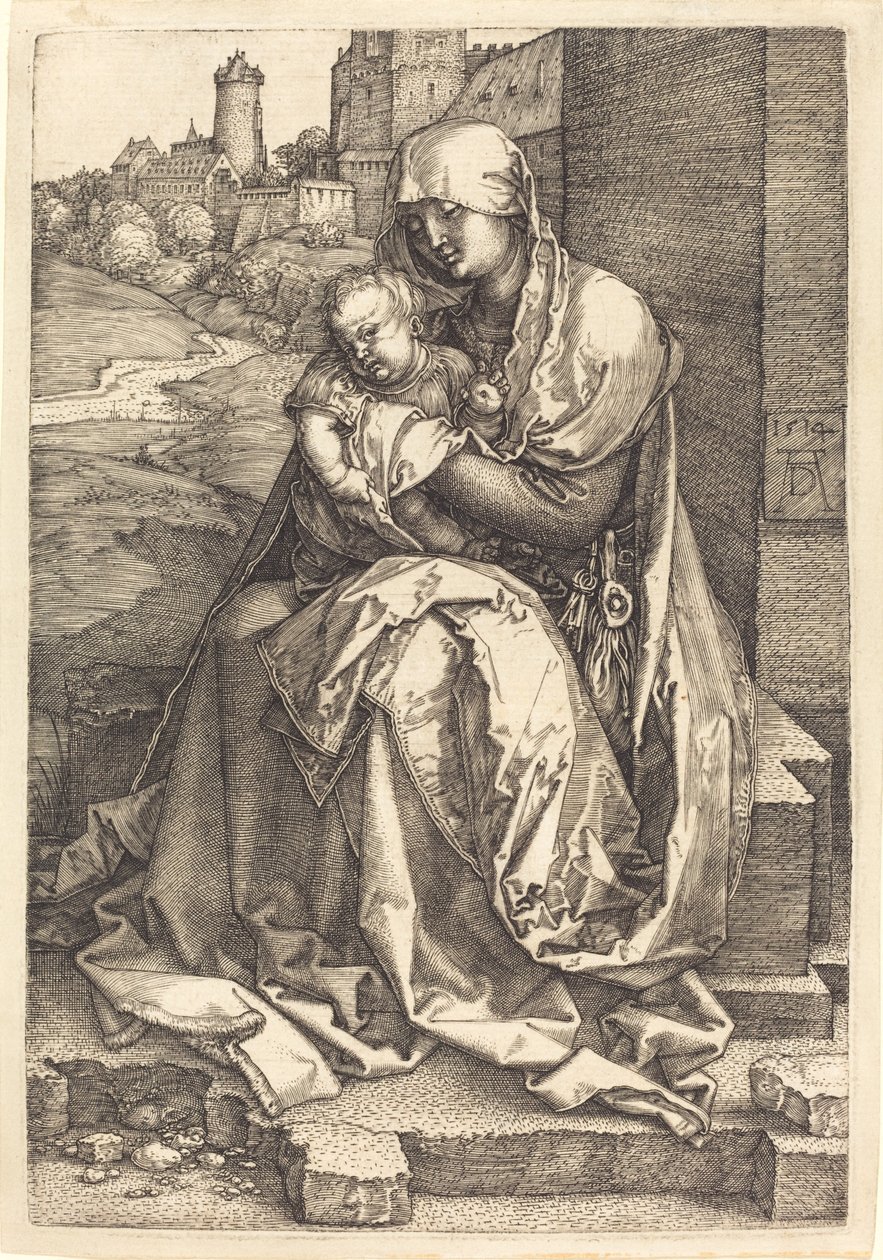 Panna a dítě sedící u zdi od Albrecht Dürer