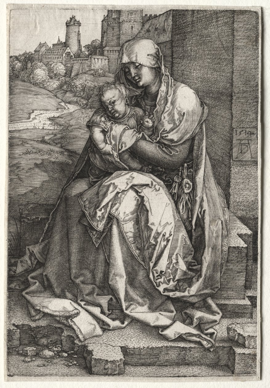 Panna a dítě sedící u zdi od Albrecht Dürer