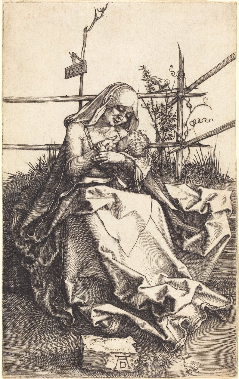 Panna a dítě na travnaté lavičce od Albrecht Dürer