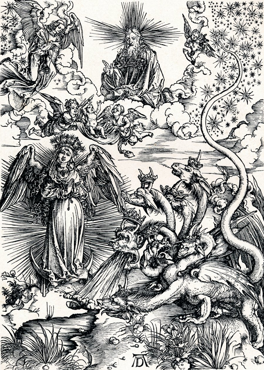 Žena oděná sluncem a sedmihlavým drakem, 1498 1906 od Albrecht Dürer