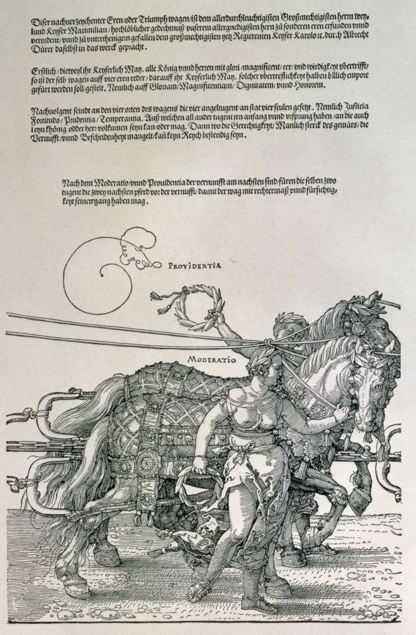 Triumfální vůz císaře Maxmiliána I. Německého (1459-1519): detail koňských spřežení, vedený dvěma ctnostmi, Prozřetelností a Umírněností, hospoda. c.1518 (dřevořez) od Albrecht Dürer