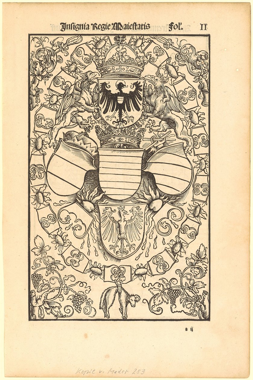 Erb Maxmiliána I. jako římského krále [recto]; erb Floriana Waldaufa (Waldauffa) z Waldensteinu [verso] od Albrecht Dürer