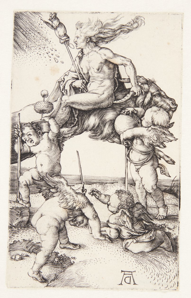 Čarodějnice jedoucí pozpátku na koze od Albrecht Dürer