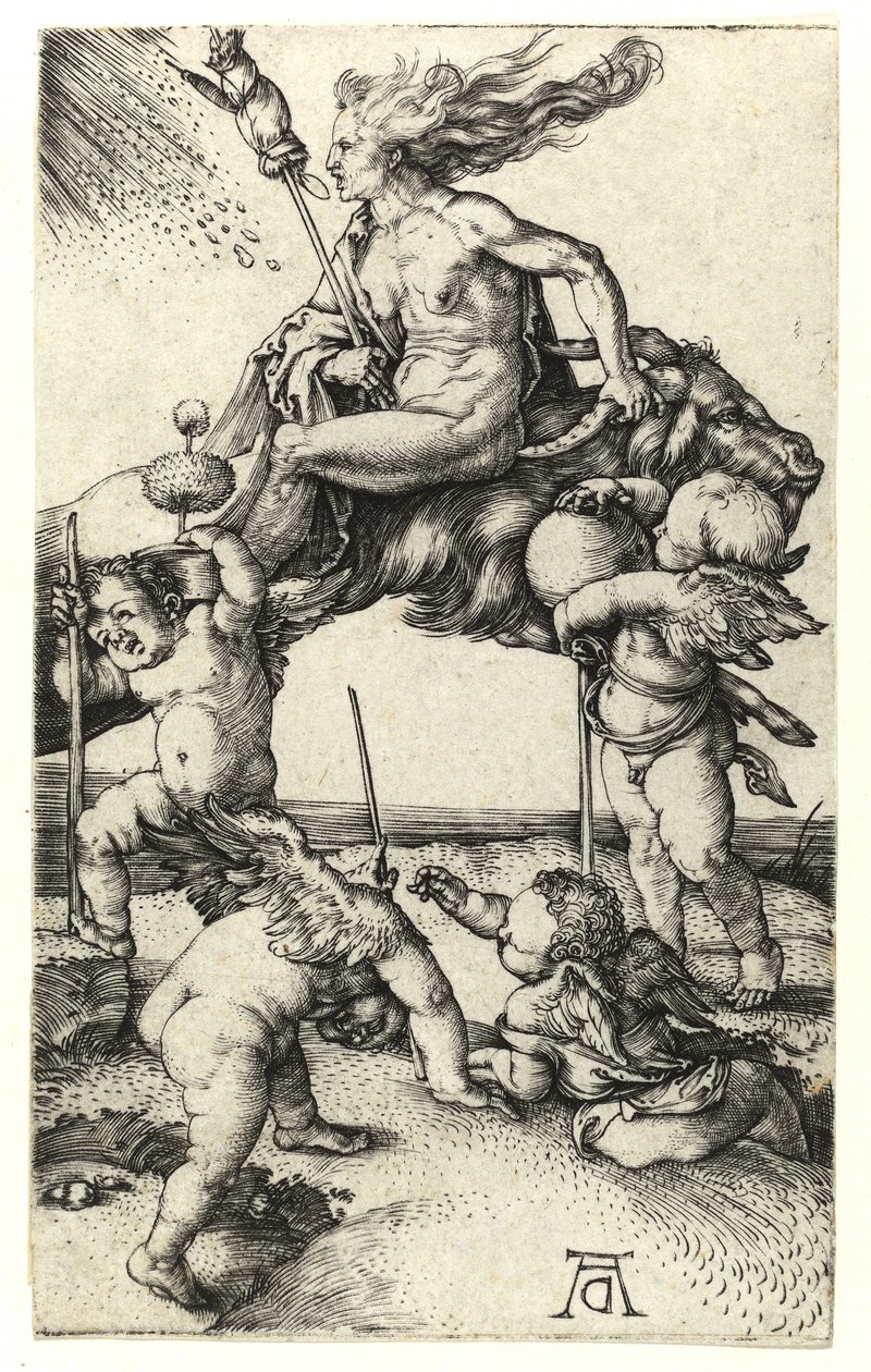 Čarodějnice jezdící pozpátku na koze, kolem 1505 od Albrecht Dürer