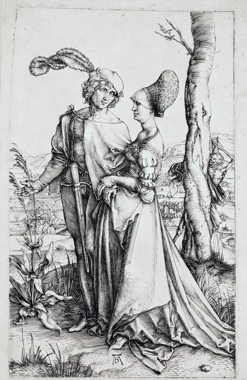 Chodící pár, pozorovaný Smrtí ukrytou za stromem, držící přesýpací hodiny). Rytina Albrechta Durera (1471-1528) 1496-1498 Rozm. 19x12 cm Berlín, gravírovací skříňka od Albrecht Dürer