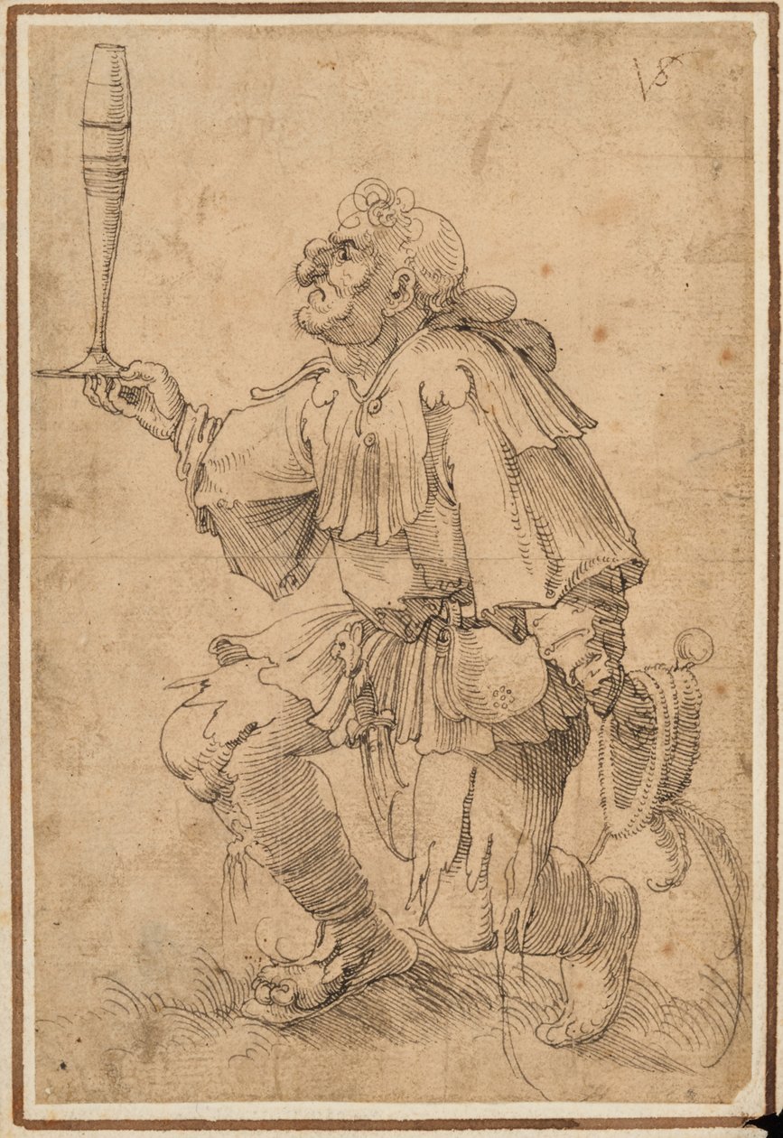 Groteskní muž klečící, držící u základny vysokou sklenici piva od Albrecht Dürer