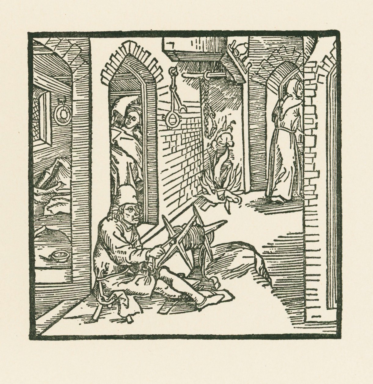 Provazník vidí mnicha, jak opouští komnatu své nevěrné ženy. od Albrecht Dürer or Duerer
