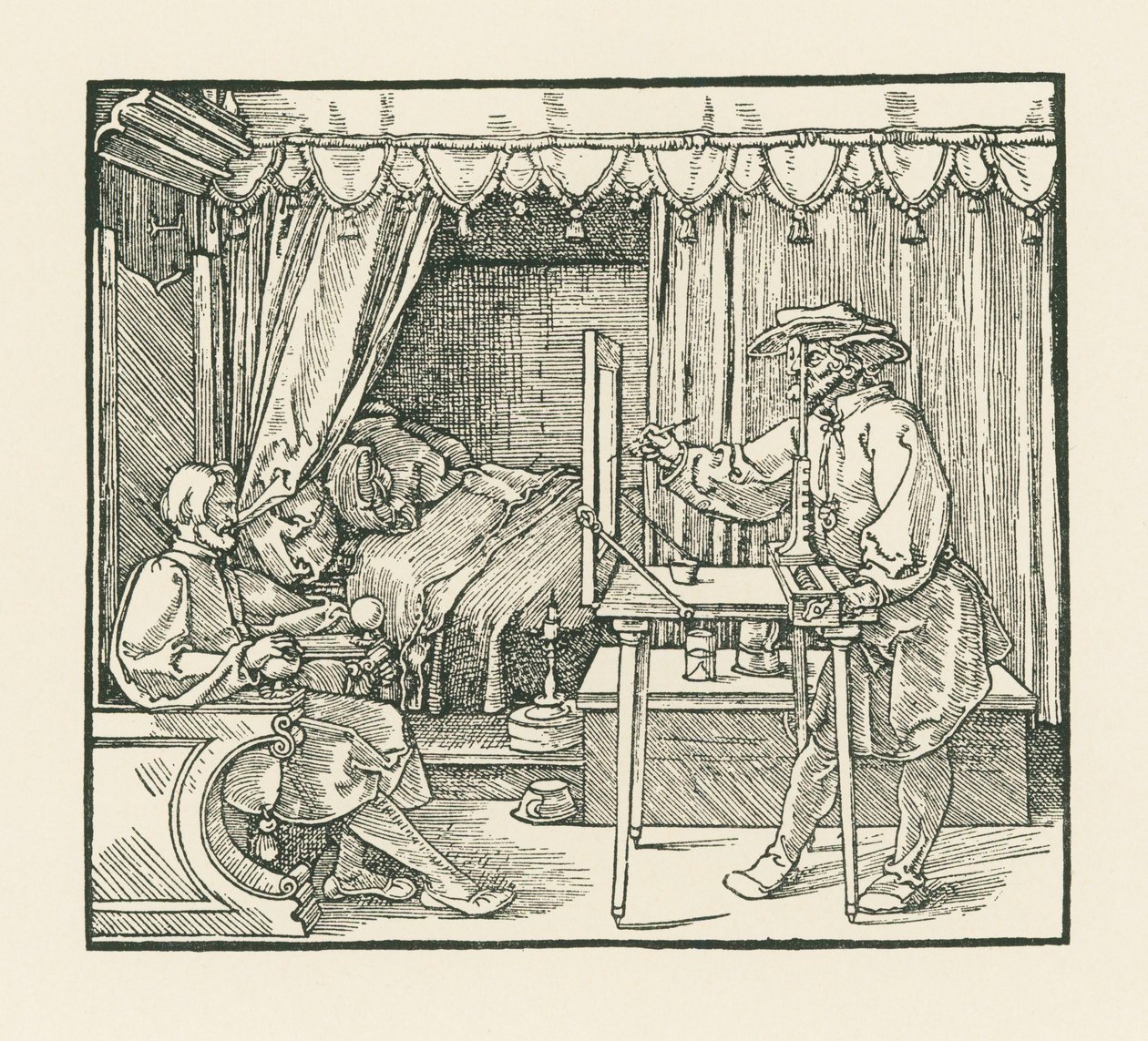 Umělec kreslí sedícího muže na rovinu skla skrz průzor. od Albrecht Dürer or Duerer