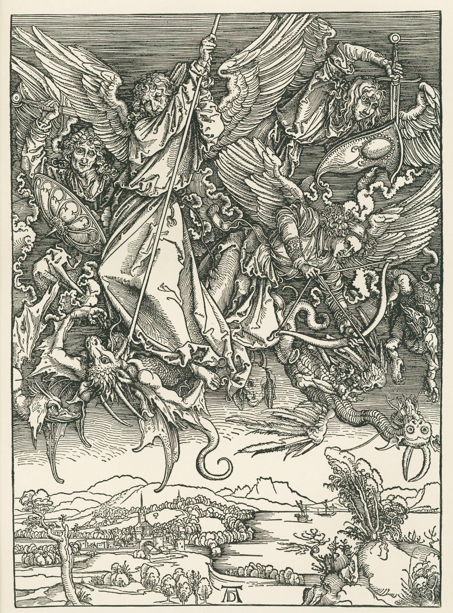 Archanděl Michael bojuje s drakem. Zjevení svatého Jana, asi 1498 (dřevoryt) od Albrecht Dürer or Duerer