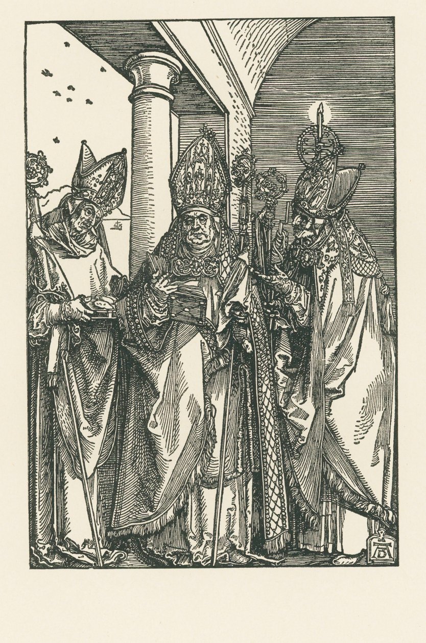 Biskup svatý Mikuláš, svatí Ulrich a Erasmus, asi 1505 (dřevoryt) od Albrecht Dürer or Duerer