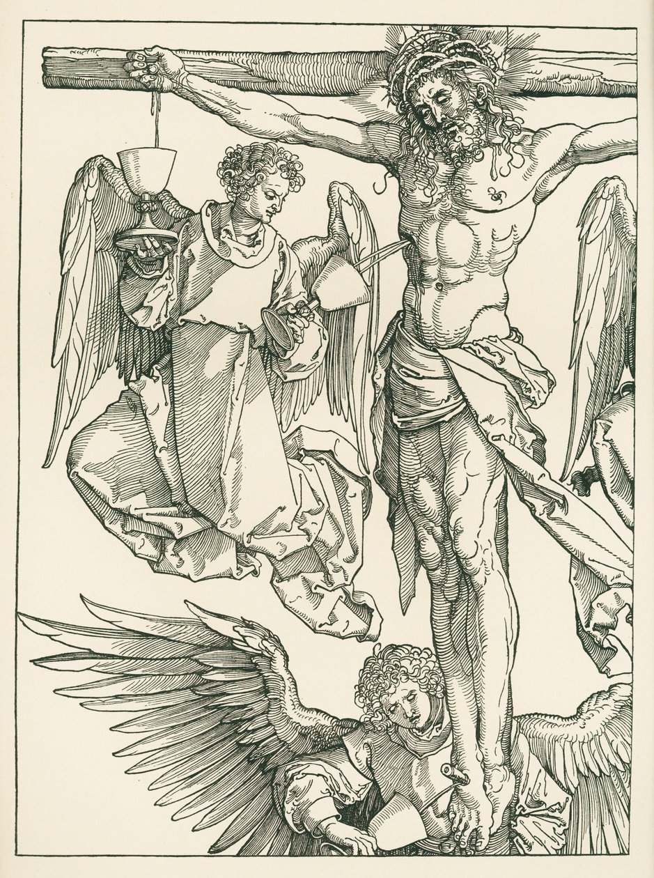 Kristus na kříži se třemi anděly, asi 1513-13 (dřevoryt) od Albrecht Dürer or Duerer