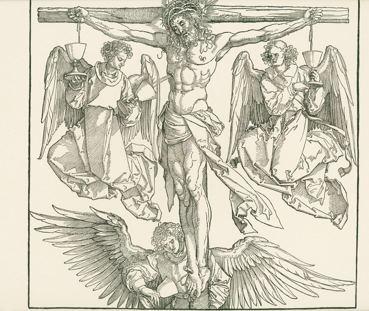 Kristus na kříži se třemi anděly, asi 1513 (dřevoryt) od Albrecht Dürer or Duerer