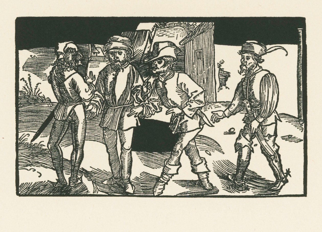 Clitipho, Menedemus, Chremes und Syrus, asi 1492-93 (dřevoryt) od Albrecht Dürer or Duerer
