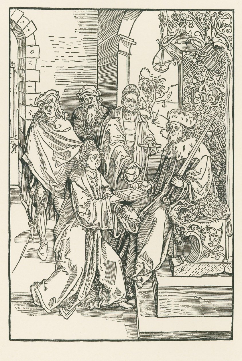 Konrád Celtes předává své vydání Roswithových komedií saskému kurfiřtovi Fridrichu. od Albrecht Dürer or Duerer