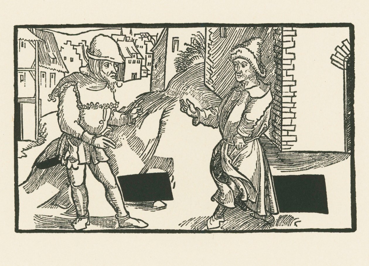 Demea a Micio, asi 1492-93 (dřevoryt) od Albrecht Dürer or Duerer