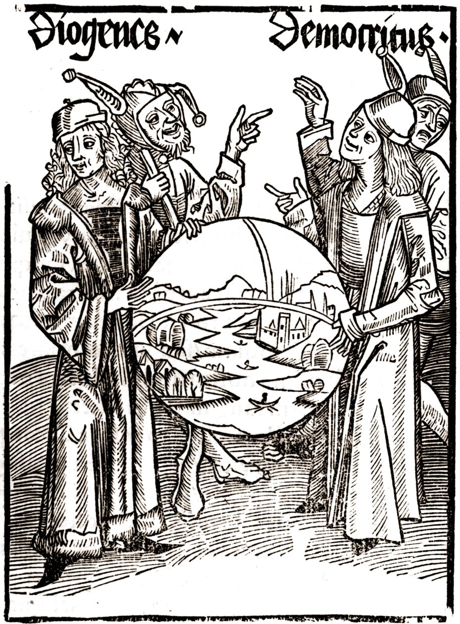 Diogenes (-413 - -327) a Democritus (-460 - -370) - v „“ Das Narrenschif (Loď bláznů)“ od Sébastiena Brandta (1458 – 1521). Rytina. od Albrecht Dürer